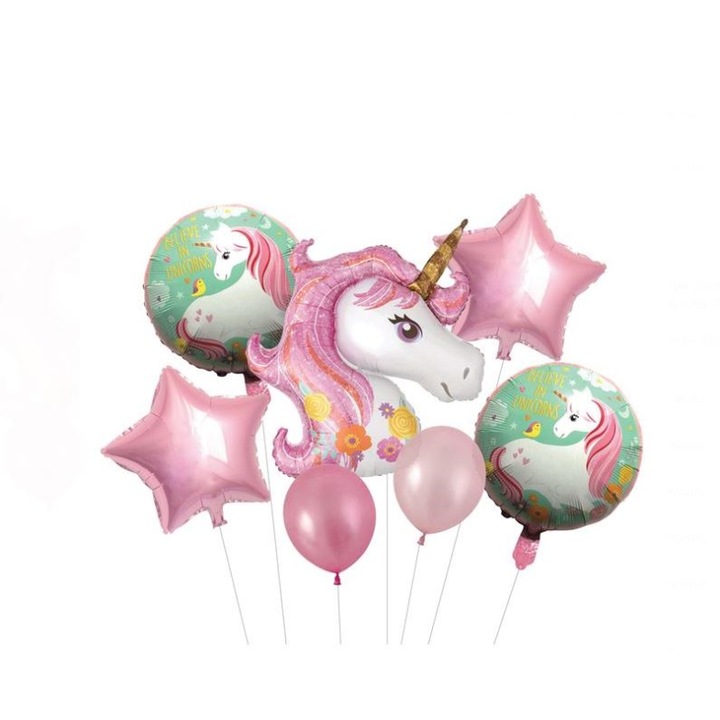 OEM 7 db fémes lufi készlet Unikornis karakterrel és füzérrel, tarka színekben