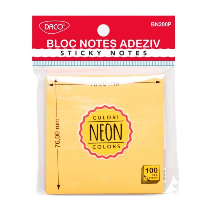 Öntapadó jegyzettömb Ragasztó narancssárga Neon Daco, méret 76x76 mm, 100 lap