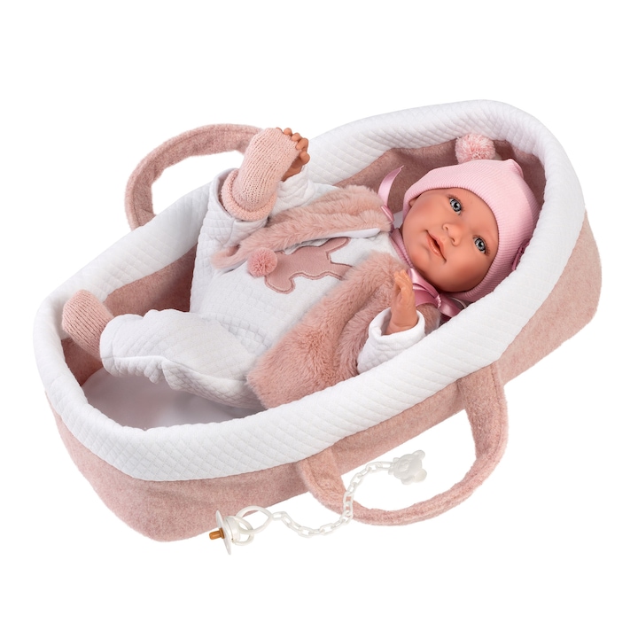 Interaktív baba Llorens - Mimi, rózsaszín kosár, hangokkal, 42 cm