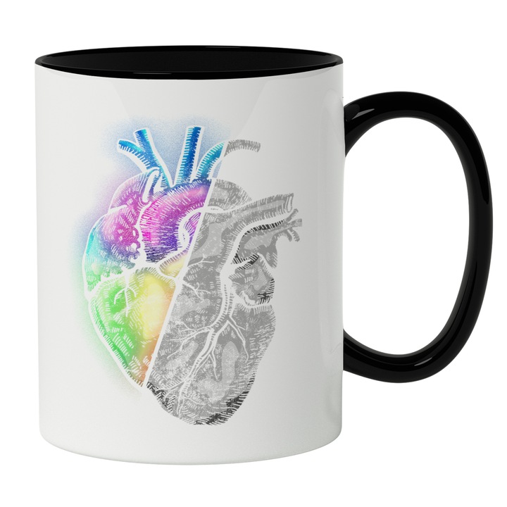 Cana Cu Inima Reala Taiat In Doua, Multicolor Alb Gri, Organe Umane, Medicina, 330 ml, Maner Negru