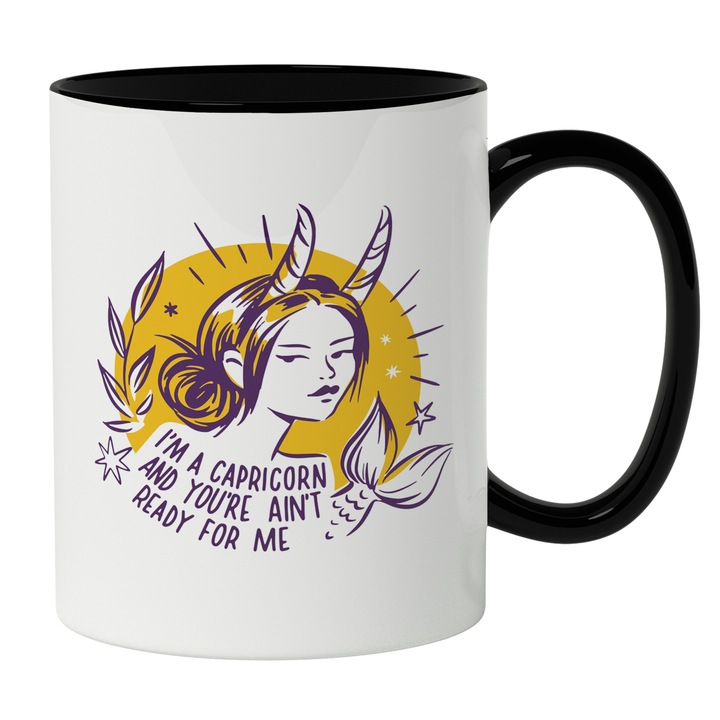 Cana Cu Semn Zodiac Capricorn, Fata Sirena cU Coarne Inalte, Text In Engleza I'm a Capricorn And You're Not Ready For Me, Mituri, Iubitorii De Zodiac, 330 ml, Maner Negru