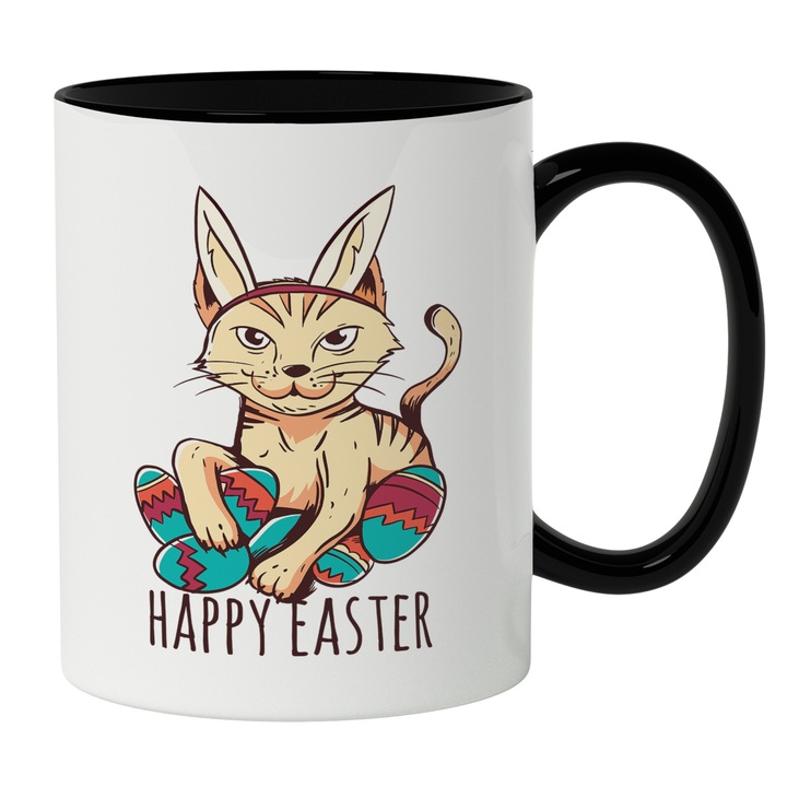 Cana Cu Pisica cU Urechi De Iepuras, Oua Colorate, Mesaj Happy Easter, Iubitorii De Paste, Multicolor 330 ml, Maner Negru
