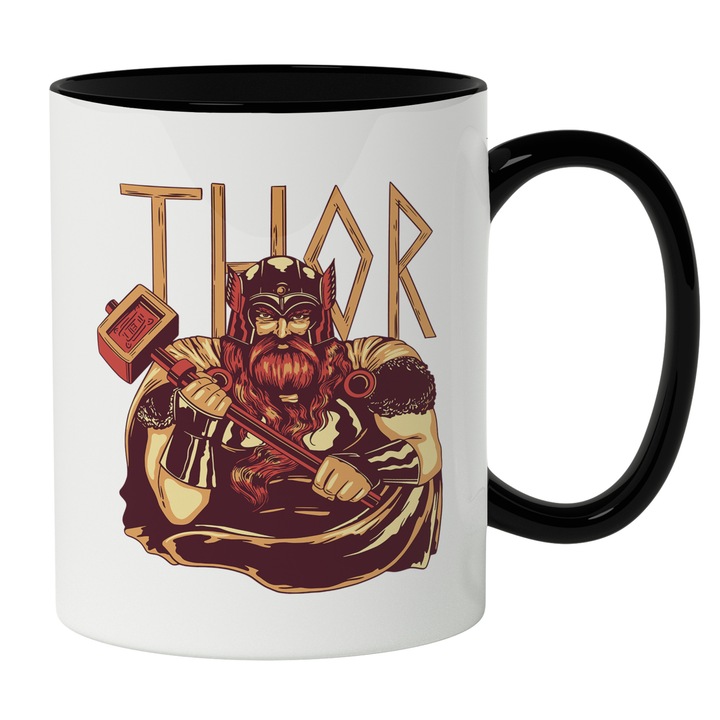 Cana Cu Portret Luptator Istoric Cu Ciocan, Luptator Greac, Thor, Viking, Iubitorii De Istorie, Multicolor 330 ml, Maner Negru