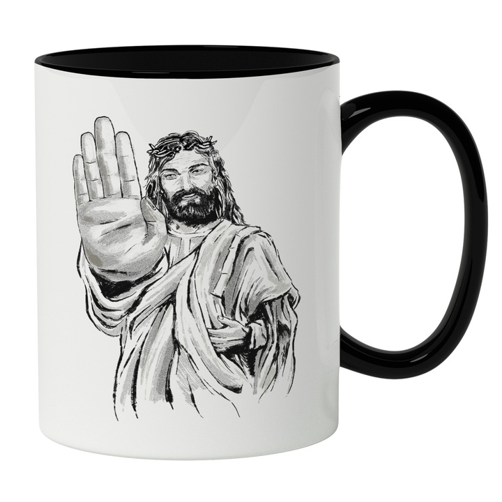 Cana Cu Issus Aratand Semn Stop, Credinta, Semn Simbolic Iubitorii De Biblie, 330 ml, Maner Negru