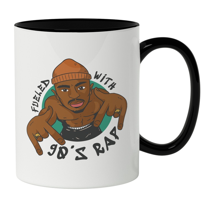 Cana Cu Personaj Stil Tupac, Mesaj In Engleza Fueled With 90's Rad, Underground, Iubitorii De Muzica rap trap, 330 ml, Maner Negru