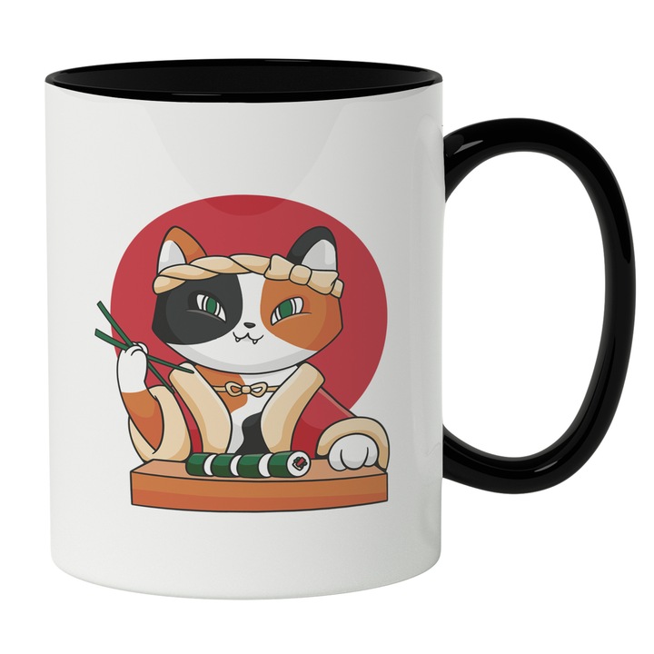 Cana Cu Pisica In Costum Traditional Asiatic Mancand Sushi, Animale Blanoase, Iubitorii De Peste, 330 ml, Maner Negru