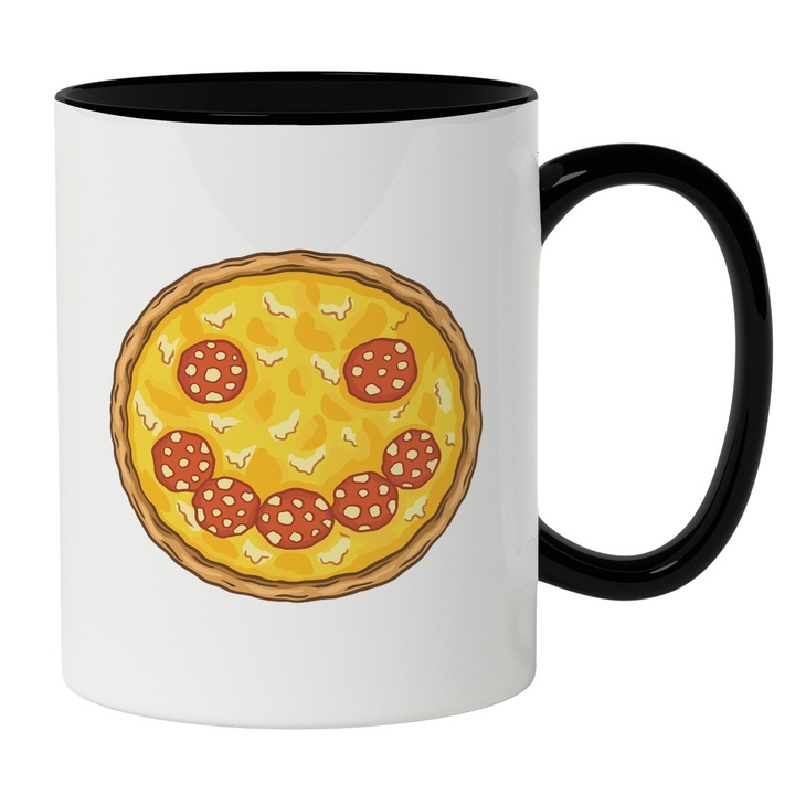 Cana Cu Pizza Salami Pepperoni, Smiley Face, Italia, Iubitorii De Fast Food, Multicolor 330 ml, Maner Negru
