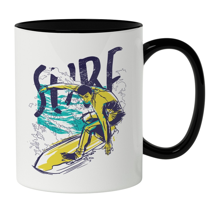 Cana Cu Om Pe Valuri Pe Placa DE Surf, Hawaii, Text In Engleza Surf, Sport Pe apa, Iubitorii De Vara, 330 ml, Maner Negru