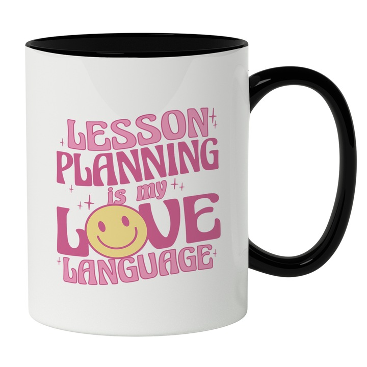 Cana Cu Citat De Dezvoltare, Mesaj In Engleza Lesson Planning Is My Love Language, Smiley Face, Iubitorii De Invatare, Roz, 330 ml, Maner Negru