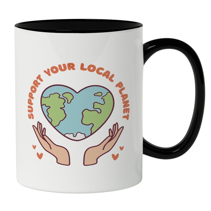 Cana Cu Planeta Pamant In Forma De Inima Tinuta In Maine, Text In Engleza Support Your Local Planet, Poluare, 330 ml, Maner Negru