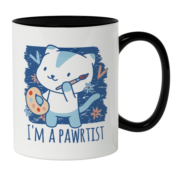 Cana Cu Pisica Pictor Albastra, Mesaj In Egleza I'm A Pawrtist, Iubitorii De Animale Blanoase, 330 ml, Maner Negru