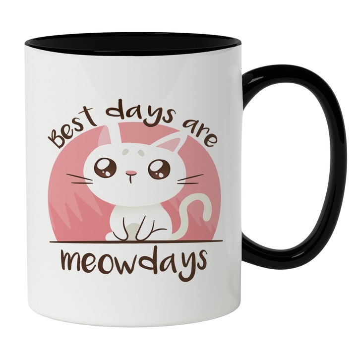 Cana Cu Pisica Alba Cu Nas Roz, Mesaj In engleza Best Days Are Meowdays, Pisici Si Motani, Iubitorii De Animale balnoase, 330 ml, Maner Negru