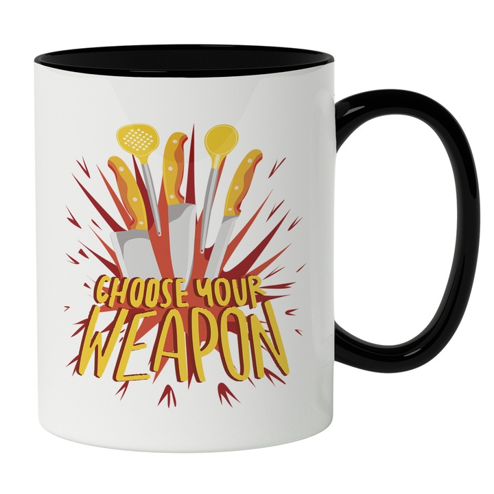 Cana Cu Instrumente De Bucatarie, Mesaj In Engleza Choose Your Weapon, Glume Bucatarie, Iubitorii De mancare, Multicolor 330 ml, Maner Negru