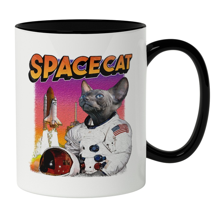 Cana Cu Pisica In Costum De astronaut, Rachete Decaoland, Mesaj In Engleza Space Cat, Animale Blanoase, Iubitorii De Astronomie, 330 ml, Maner Negru