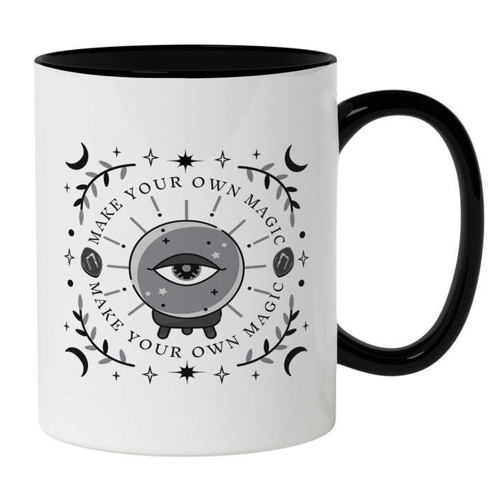 Cana Cu Mesaj In Engleza Make Your Own Magic, Ochii Simbolic, Iubitorii De Lumi Misterioase, Gri, 330 ml, Maner Negru