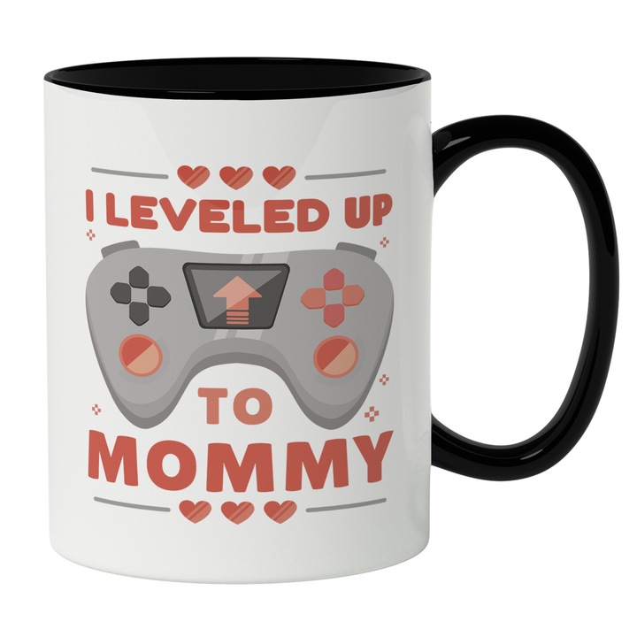 Cana Cu Maneta De Play Station, Mesaj In Engleza I Leveled Up To Mommy, Proasat Parinti, Familie, Multicolor 330 ml, Maner Negru