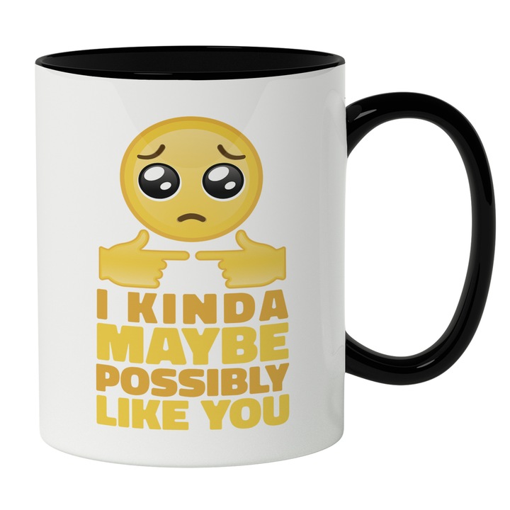Cana Cu Emoticon Timid, Mesaj In Engleza I Kinda Maybe Possibly Like you, Iubitorii De Trends, 330 ml, Maner Negru