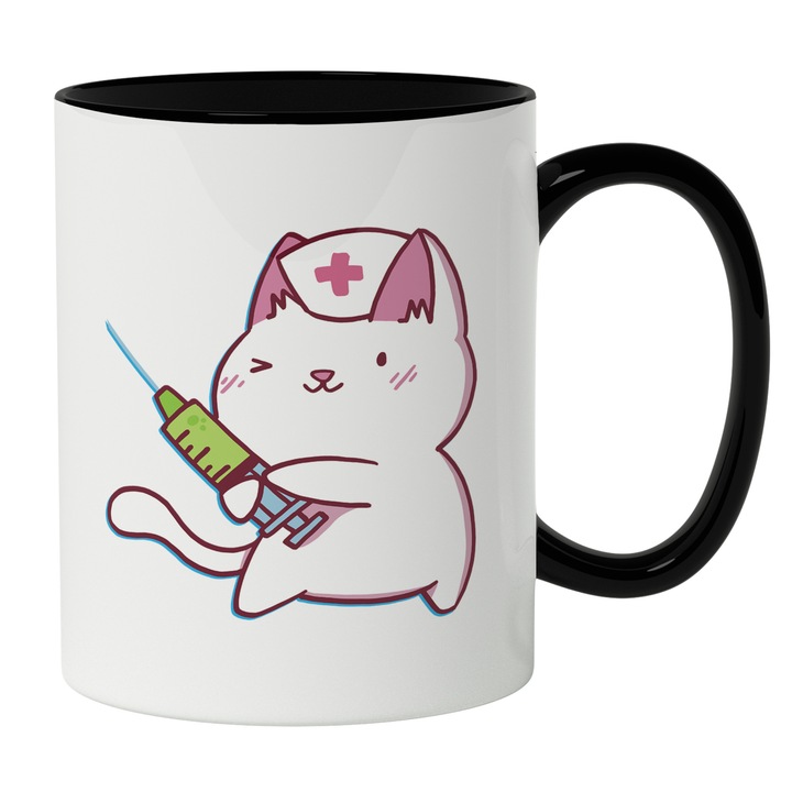 Cana Cu Pisica Alba Asistenta Cu Seringa, Asistente Medicale Super Erou, Iubitorii De Medicina, 330 ml, Maner Negru
