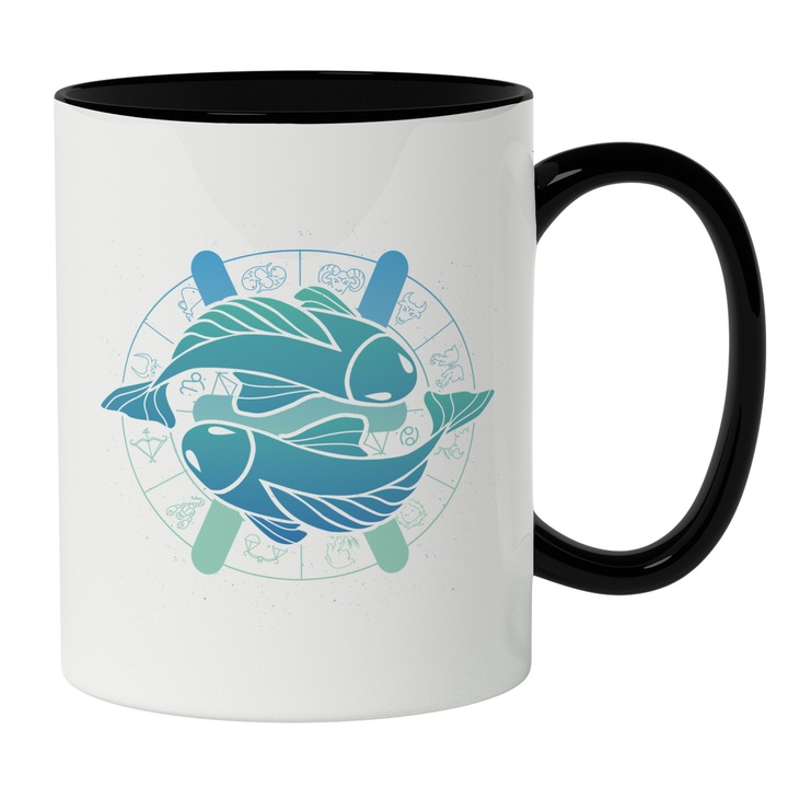 Cana Cu Semn Zodiac Pesti, Semn Simbolic Iubitorii De Zodiac, 330 ml, Maner Negru