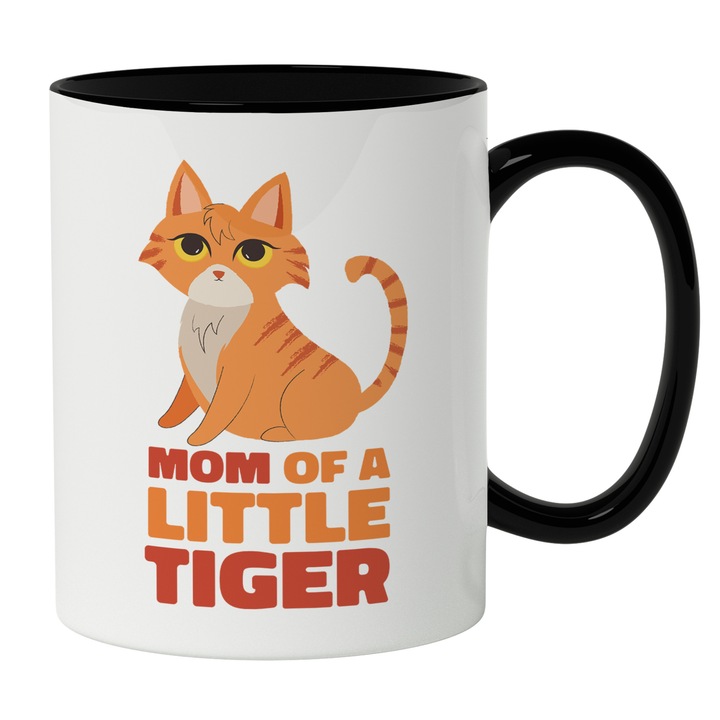 Cana Cu Pisica Portocalie, Mesaj In Engleza Mom Of A Little Tier, Pisici Si Motani, Iubitorii De Animale Pufoase, 330 ml, Maner Negru