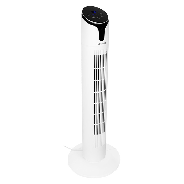 Toronyventilátor, VONROC, AF504AC_WHITE, elegáns, 86 cm, 3 sebességfokozat, fehér, szél üzemmódok, luxus vezérlőpanel, LED kijelzővel, érintőgombokkal, swing funkció, távirányítóval, fehér