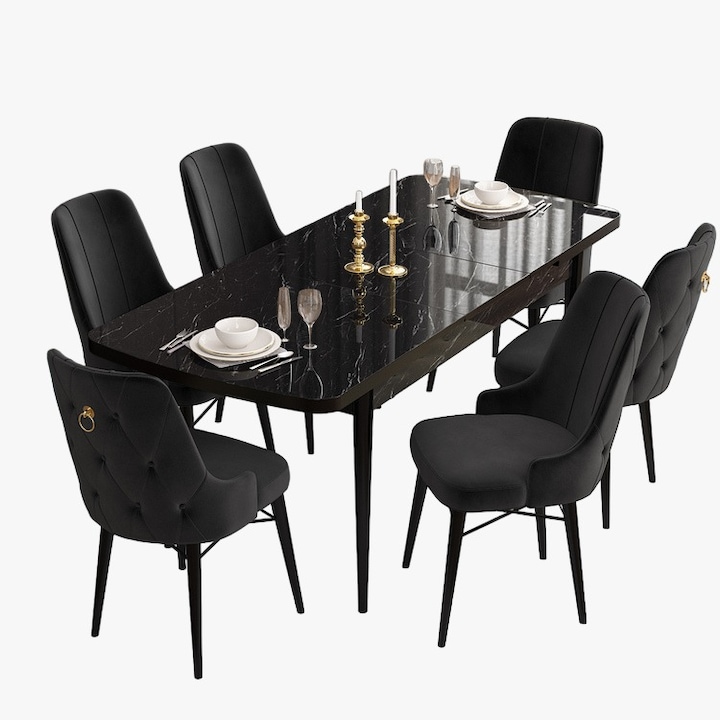 Set Masa Extensibila neagra cu 6 scaune, Modella Nex negru L 170, l 80, h 77 cm