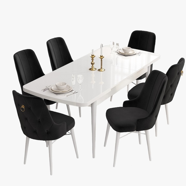 Set Masa Extensibila alba cu 6 scaune, Modella Nex negru L 170, l 80, h 77 cm