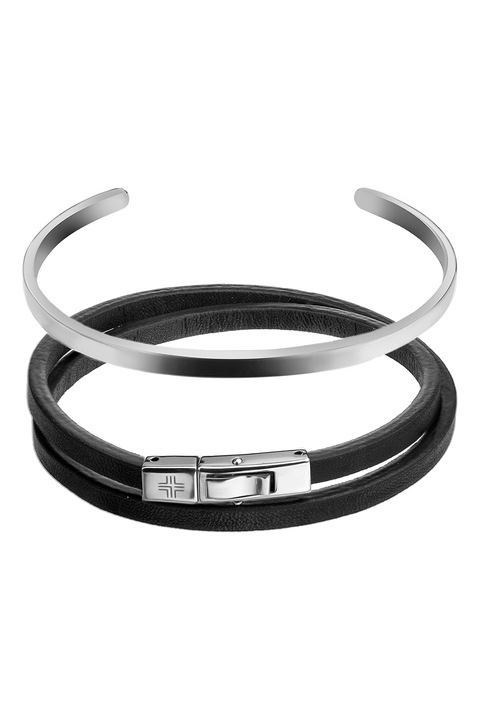 Philipp Blanc, Set de bratari de piele si otel inoxidabil, Negru, Argintiu