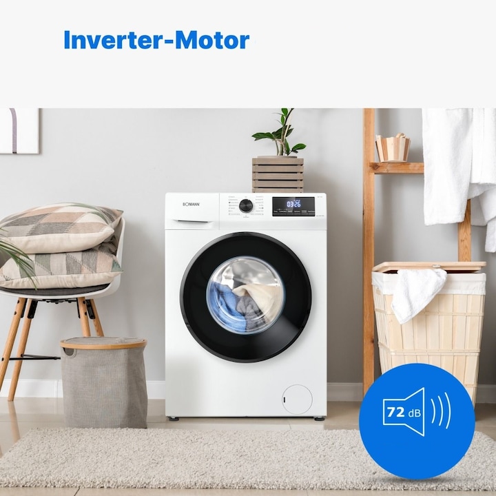 Masina de spalat rufe Bomann, WA7185, capacitate 8 kg, clasa A, 15 programe, consum redus, 1400 rpm, afisaj LED, 6 trepte temperatura, protectie la preaplin, clatire suplimentara, pornire intarziata, control spuma, control balans cuva, alb