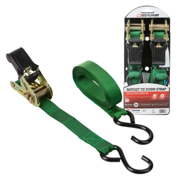 Комплект от 2 ремъка с тресчотка, 4 коли, 150 кг, 5 м, зелени