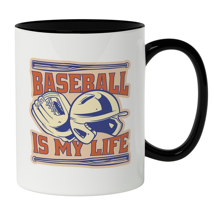 Cana Cu Echipament Baseball Casca Manusi Bata, Text In Engleza Baseball My LIfe, Iubitorii De Sport In Echipa, Multicolor 330 ml, Maner Negru