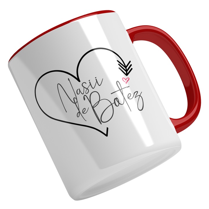 Cana Cu Text Nasii De Botez, Iubitorii De Familie, Chenar Inima Neagra, Multicolor 330 ml, Maner Rosu