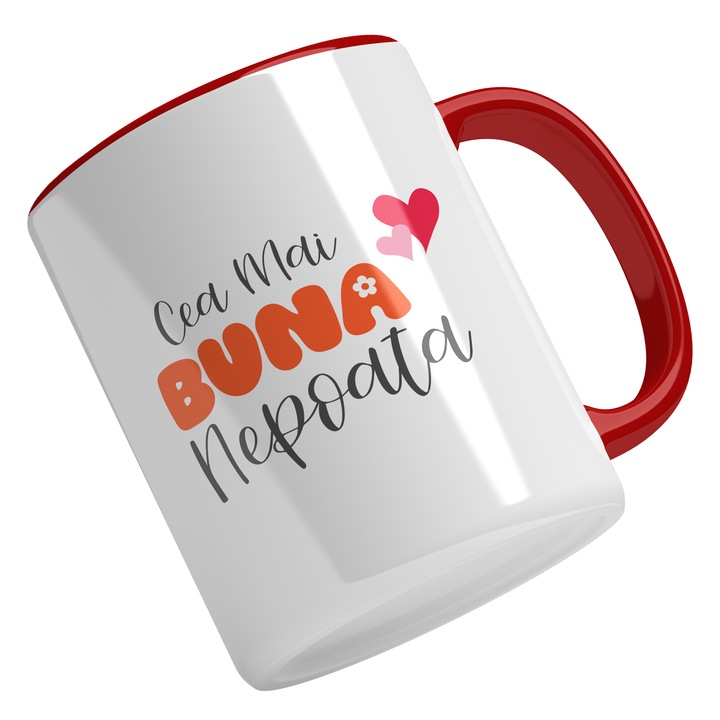 Cana Cu Text Cea Mai Buna Nepoata, Iubitorii De Familie, Inimi Rosii, Multicolor 330 ml, Maner Rosu
