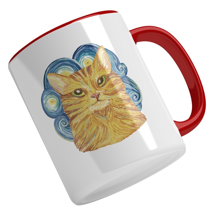 Cana Cu Pictura Cu Pisica Galbena, Stil Leonardo Da Vinci, Arta Abstracta, Iubitorii De Pisici, Multicolor 330 ml, Maner Rosu