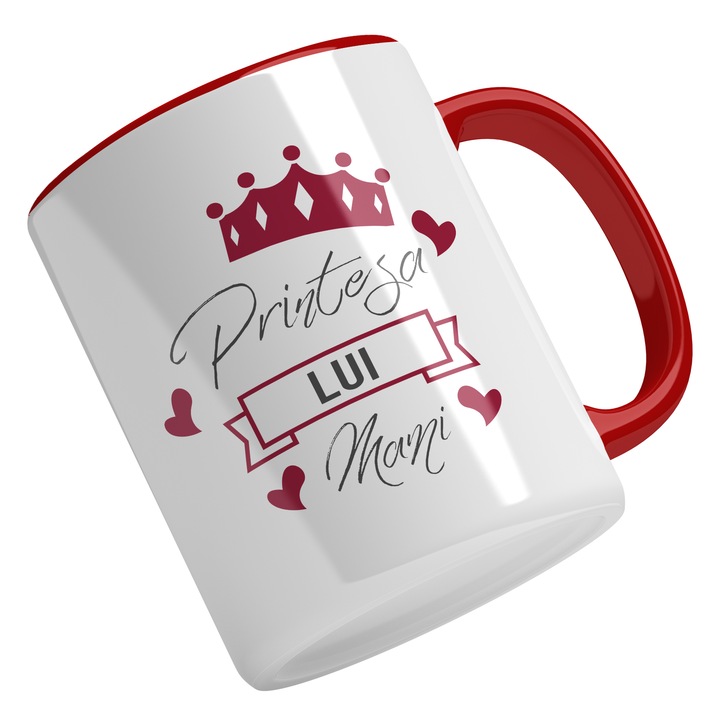 Cana Cu Text Printesa Lui Mami, Iubita, Love, Iubitorii De Cadouri, Ziua Coplului, Multicolor 330 ml, Maner Rosu
