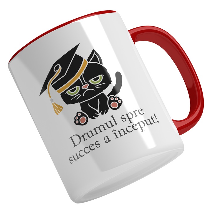Чаша с абитуриентска шапка на Angry Cat, текст The Road to Success Has Begun, Furry Animal Lovers, черна 330 ml, червена дръжка