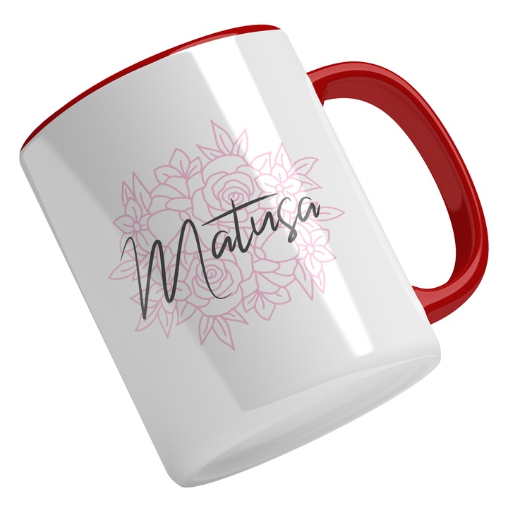 Cana Cu Text Matusa, Fundal Flori Roz, Cea Mai Buna Matusa, Iubitorii De Familie, Multicolor 330 ml, Maner Rosu