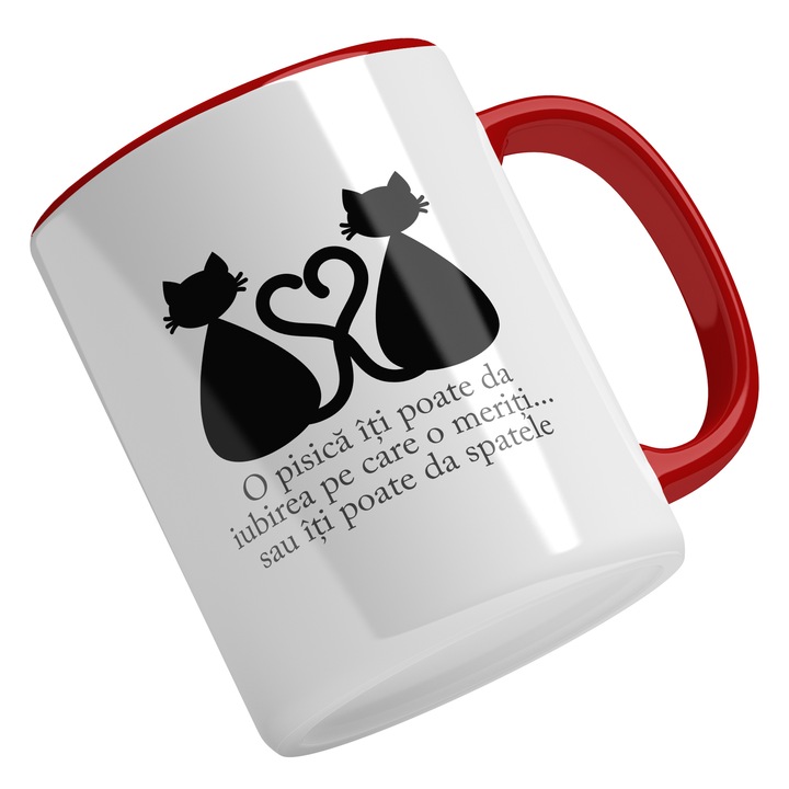 Cana Cu Pisici Negre Cozi In Forma De Inima, Text O Pisica Iti Poate Da Iubirea Pe Care O meriti.. Sau Iti Poate Da Spatele, Iubitorii De Animale Blanoase, Negru 330 ml, Maner Rosu