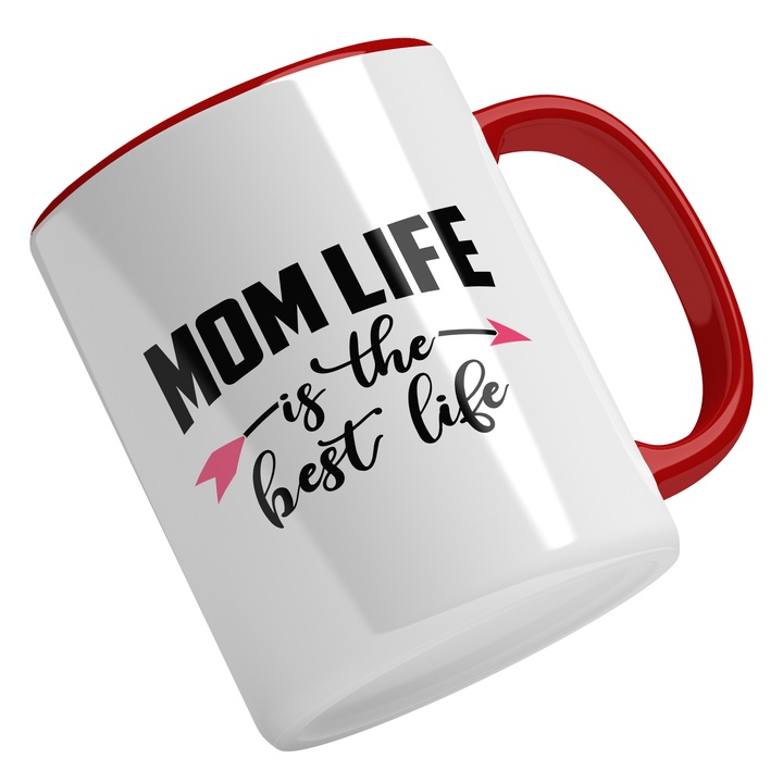 Cana Cu Text In Engleza Mom Life Is The Best Life, Viata De Mama Este Cea Mai Buna, Familie, Negru 330 ml, Maner Rosu
