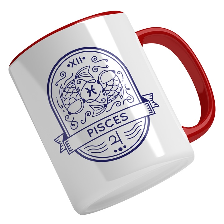 Cana Cu Semn Zodie Peste, Pices, Mituri, Zodiac, Albastru 330 ml, Maner Rosu