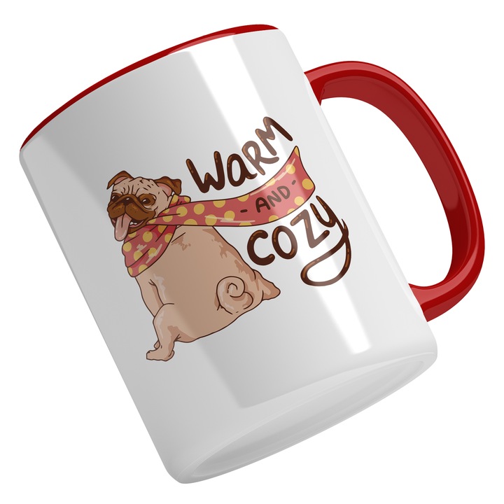 Cana Cu Caine Bulldog Francez Cu Fular Roz Lung, Text in Engleza Warm And Cozy, Iubitorii De animale, Multicolor 330 ml, Maner Rosu