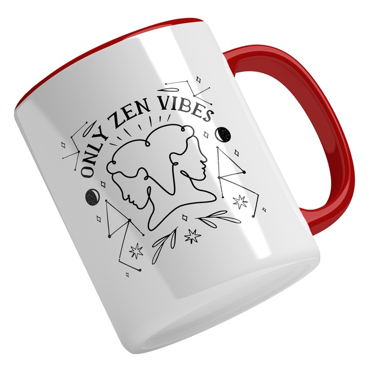 Cana Cu Text In Engleza Only Sen Vibes, Meditatie, Chipuri Feminine Spate In spate, Negru 330 ml, Maner Rosu