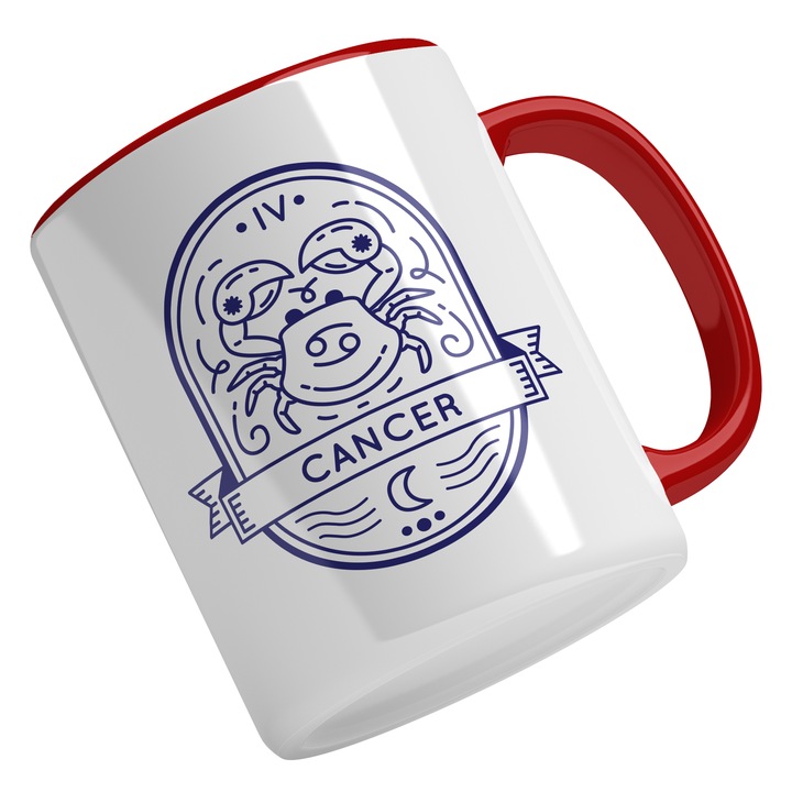 Cana Cu Semn Zodie Rac, Animal De Mare, Cancer, Simbol, Mituri, Zodiac, Albastru 330 ml, Maner Rosu