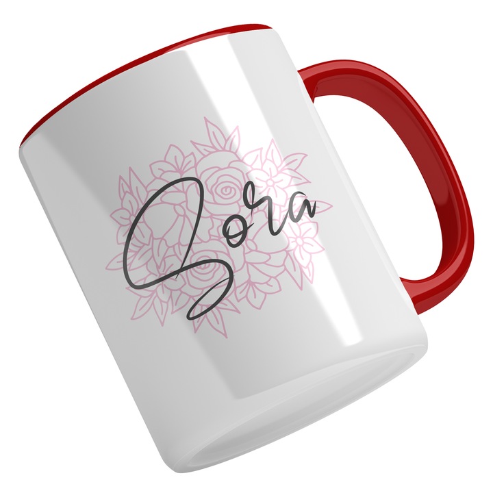 Cana Cu Text Sora, Fundal Flori Roz, Cea Mai Buna Sora, Iubitorii De Familie, Multicolor 330 ml, Maner Rosu