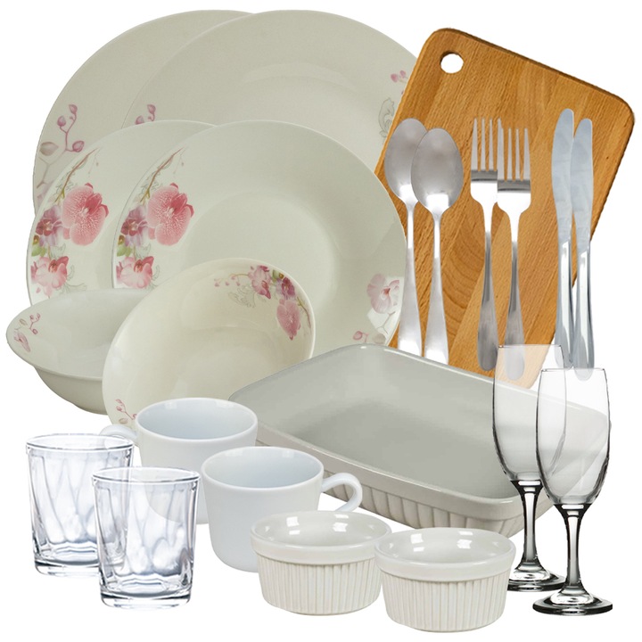 Set complet de masa, Orchid, 22 piese, Portelan, Alb cu orhidee