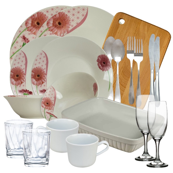 Set complet de masa, Daisy, 20 piese, Portelan, Alb lucios cu margareta