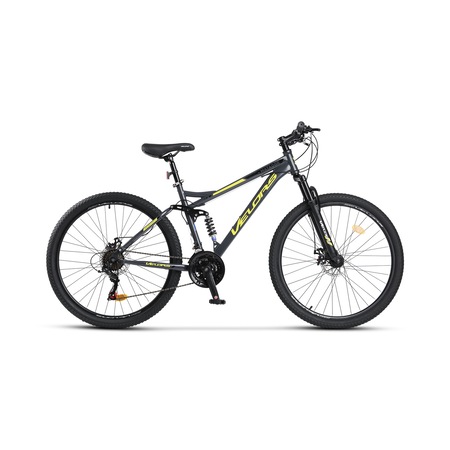 Bicicleta MTB-Full Suspension Velors MATADOR V2761D, Shimano Tourney TZ500D, 21 Viteze, Roti 27.5 Inch, Frane pe Disc, Gri/Galben