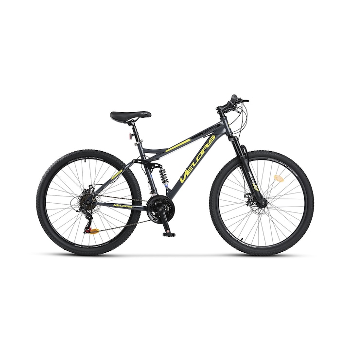 Велосипед MTB с 27,5" колела, оборудване Shimano/Shiming, дискови спирачки-предни/задни, последователни лостове, 21 скорости, сиво/жълто, планински велосипед Velors Matador Genius с двойно окачване