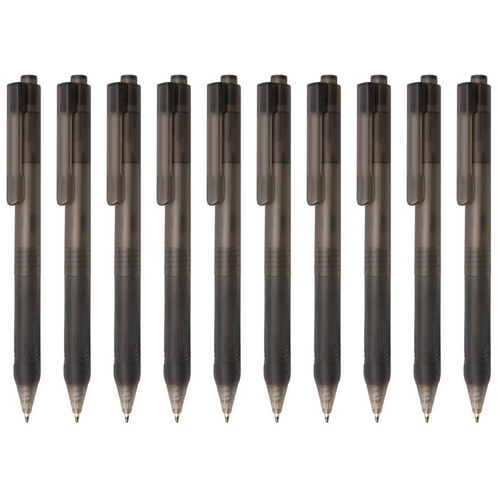 Комплект химикалки Ronic X9, 10 бр., Матово покритие, Силиконова дръжка, Синьо мастило с писане до 1200 м, Черни
