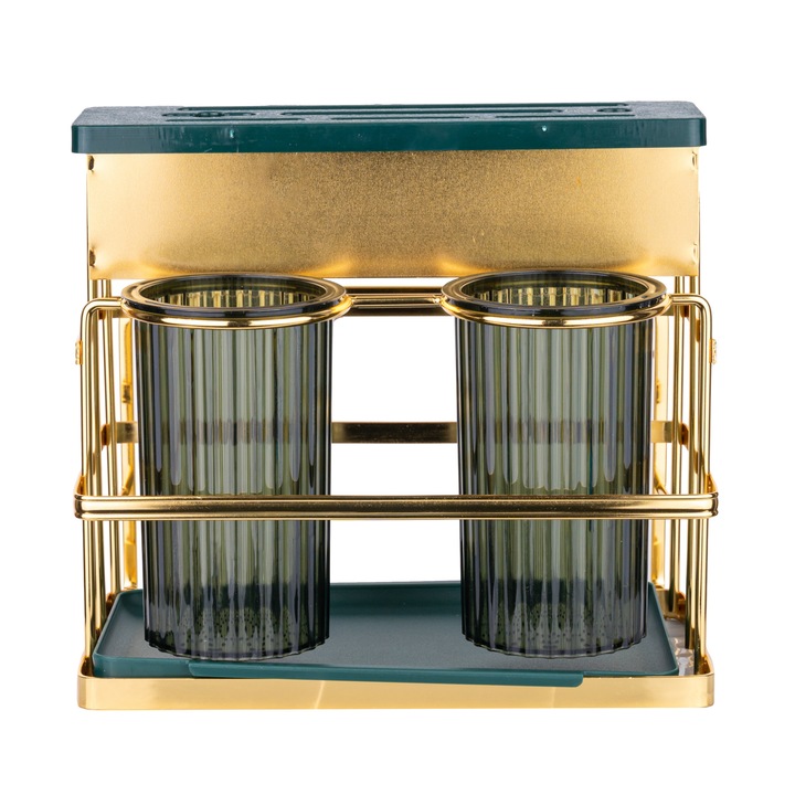 Suport tacamuri TRENDY’S, cu doua recipiente si suport cutite, verde-gold 23X19X20.5 CM